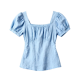 Light Blue Square Neck Smocked Short Sleeve Blouse