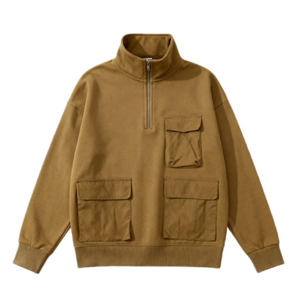 Tan Half-Zip Sweatshirt with Multiple Cargo Pockets