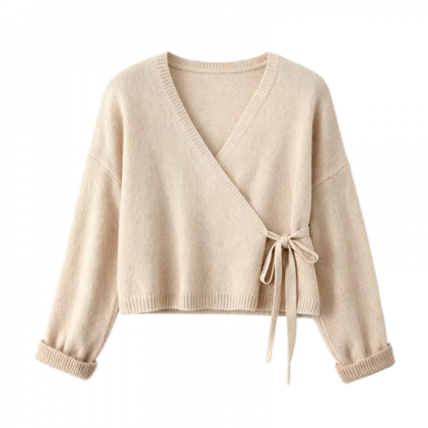 Beige V-Neck Wrap Tie Puff Sleeve Cropped Cardigan