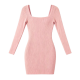 Light Pink Ribbed Knit Square Neck Long Sleeve Bodycon Dress