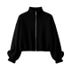 Black Turtleneck Full-Zip Puff Sleeve Cropped Cardigan