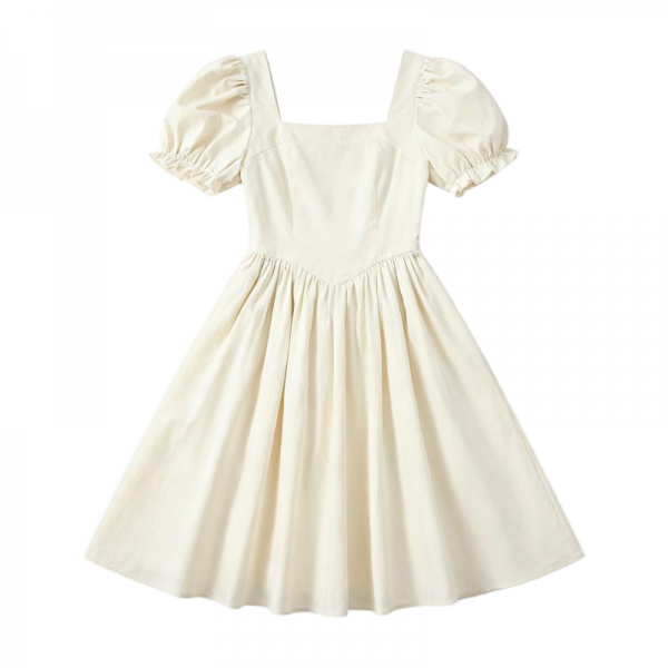 Cream Square Neck Puff Sleeve Fit & Flare Mini Dress