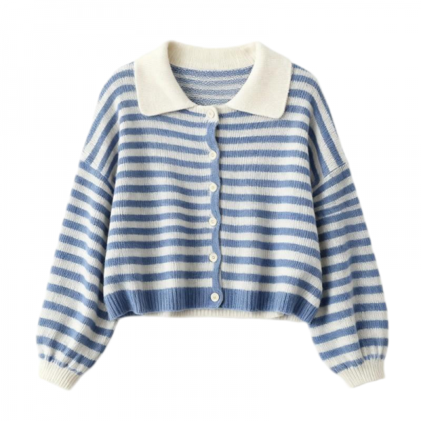 Blue & White Striped Collared Button-Front Cropped Cardigan