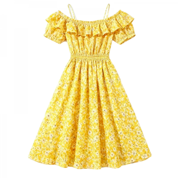 Yellow Floral Print Cold-Shoulder Ruffled Midi Dress