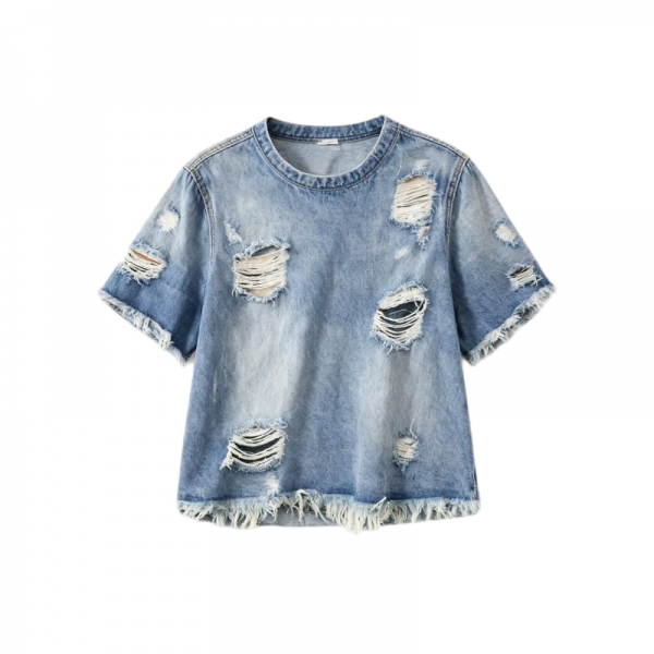 Light Blue Distressed Denim Cropped Short Sleeve Tee